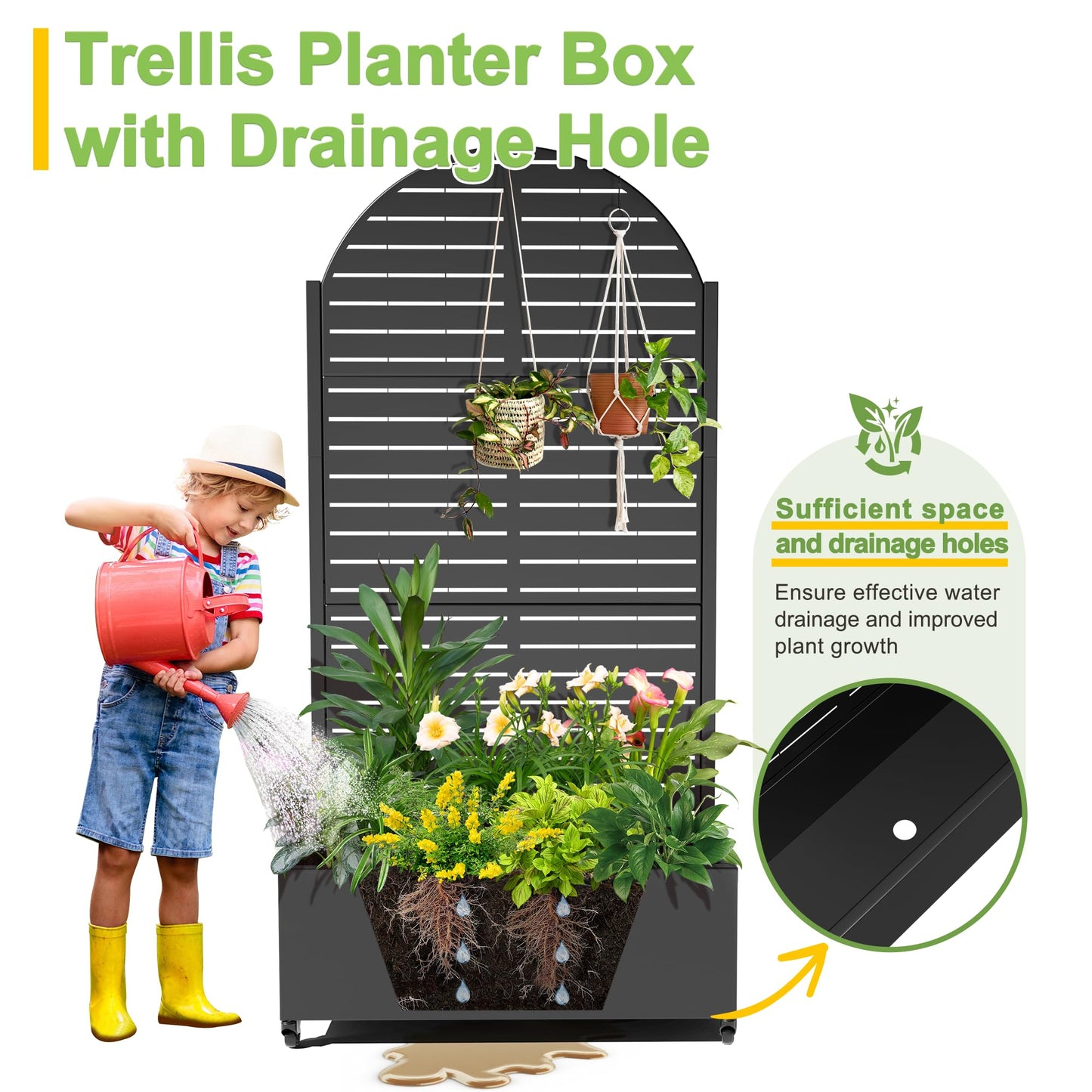 FENCY Metal Raised Garden Bed with Wheels and Trellis,Arched 73"x35"x16" Planter Box for Climbing Plants, Vegetables & Vines, Features Privacy Screen and Drainage Holes (Black-Louvered)