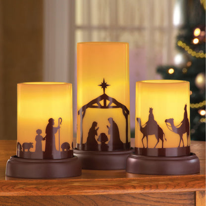 Collections Etc LED Flameless Christmas Nativity Scene Candles, Holiday Home Decor Accents - Set of 3