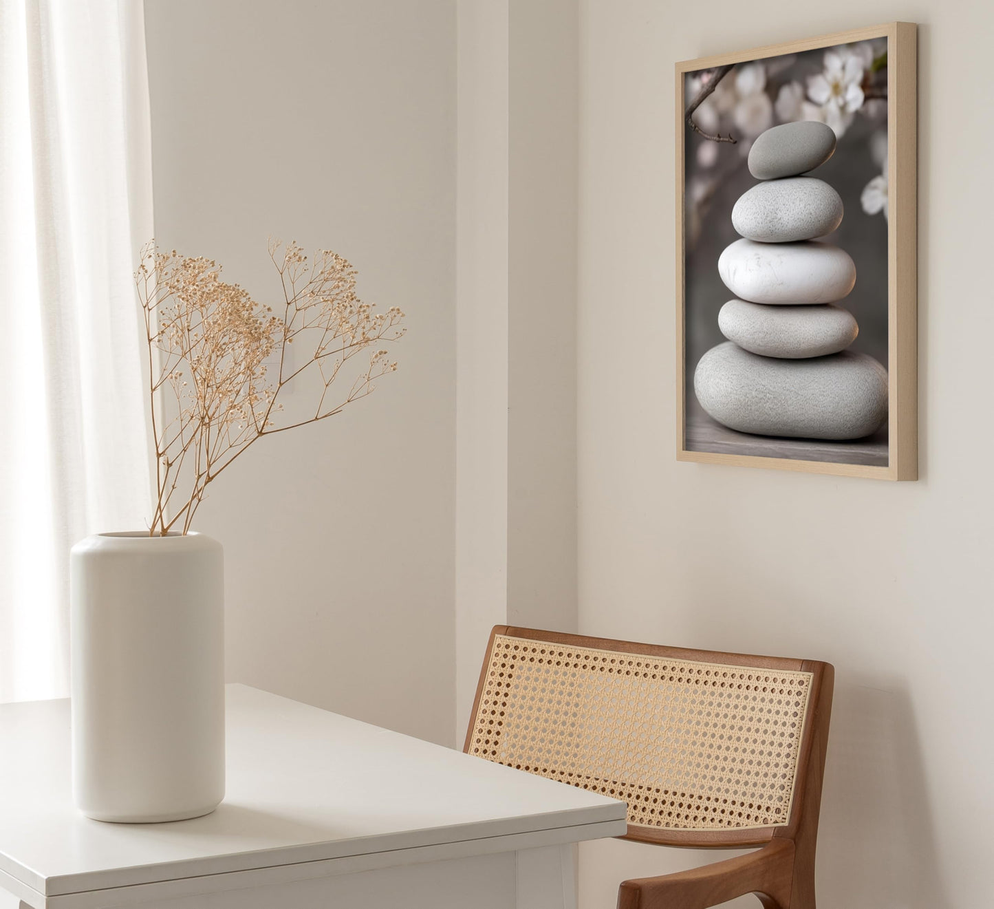 ZHJIOFXG 3 Piece Zen Canvas Wall Art Stacked Stones Cherry Blossom Candle Spa Wall Decor Calming Minimalist Neutral Poster Print Art for Bathroom Bedroom Yoga Room Office Living Room 16x24in Unframed