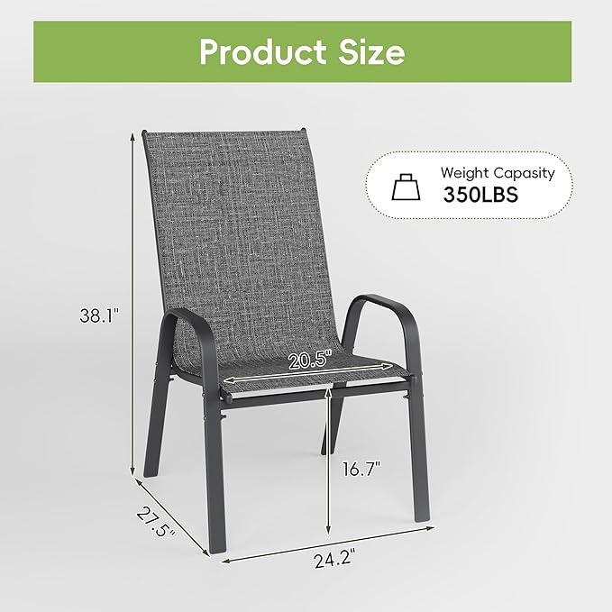 Patio Chairs Set of 6, Stackable Outdoor Dining Chairs for All Weather, Metal Modern Outside Furniture Chair for Pool Side, Garden, Backyard Deck, Dark Grey