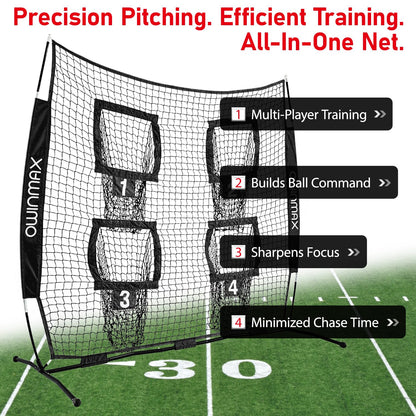 Owinmax 6x6 ft Football Trainer Throwing Net, Training Target Practice with 4 Targets, Includes Carry Bag and Ground Stake, Black and Red, Great for Kids and Youth