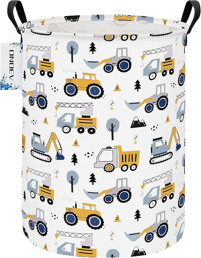 Round Foldable Laundry Hamper Kids Forest Vehicles Excavator Boys Gift Basket