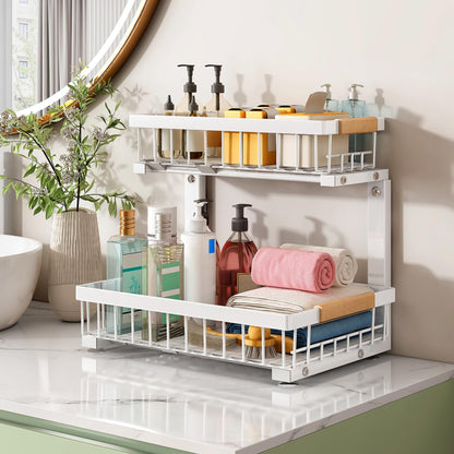 Under Sink Organizer, 2 Packs 2 Tier Under Sink Organizers and Storage, Slide out Pull out Cabinet Organizer Shelf, Metal Sliding Drawer for Kitchen Bathroom Pantry Cabinet Closet Organization Rack