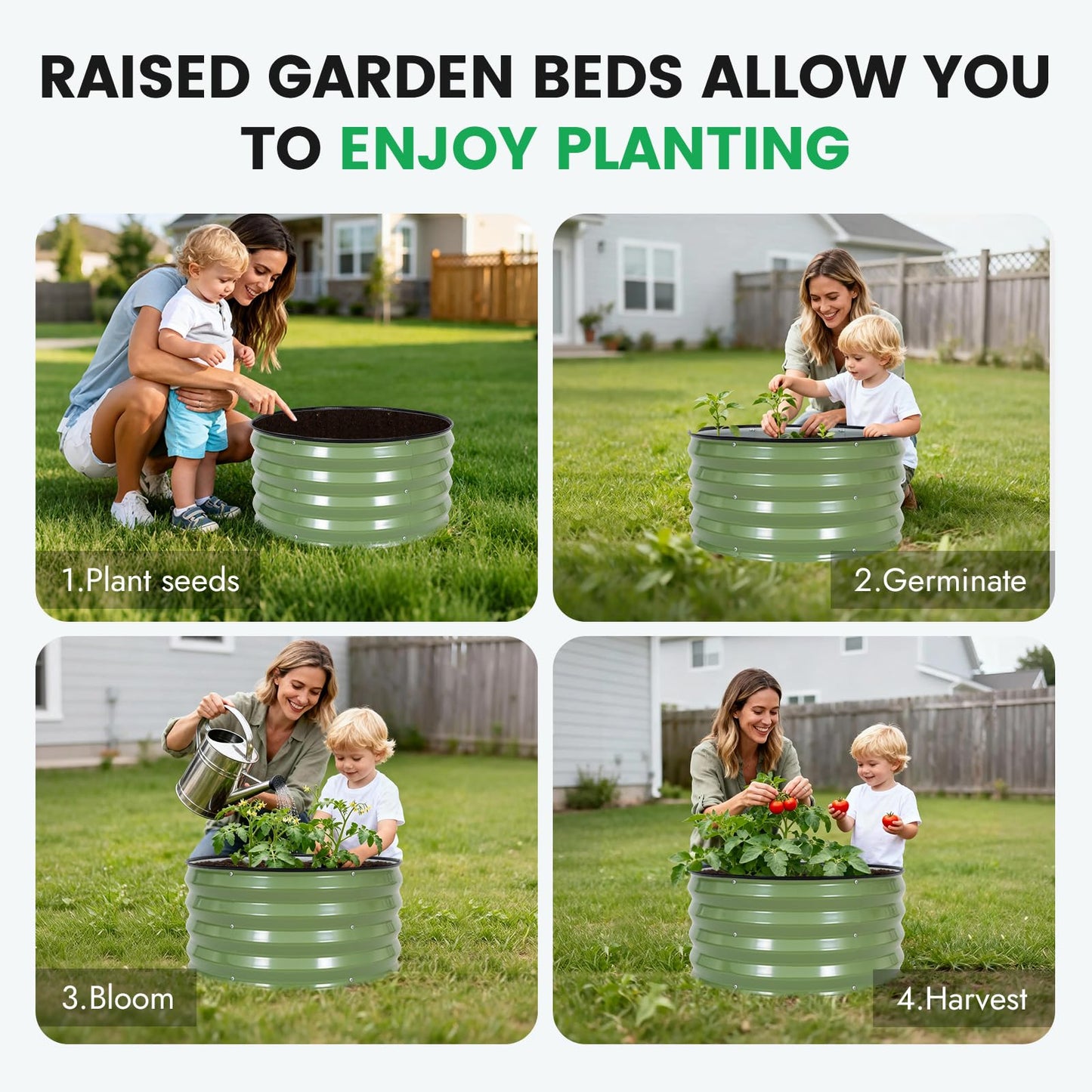 INNO STAGE 3 Pcs Round Galvanized Raised Garden Bed — 2×2×1ft Planter Box Outdoor Raised Beds Kit for Gardening Vegetables, Fruits, Herbs, and Flowers, Olive Green