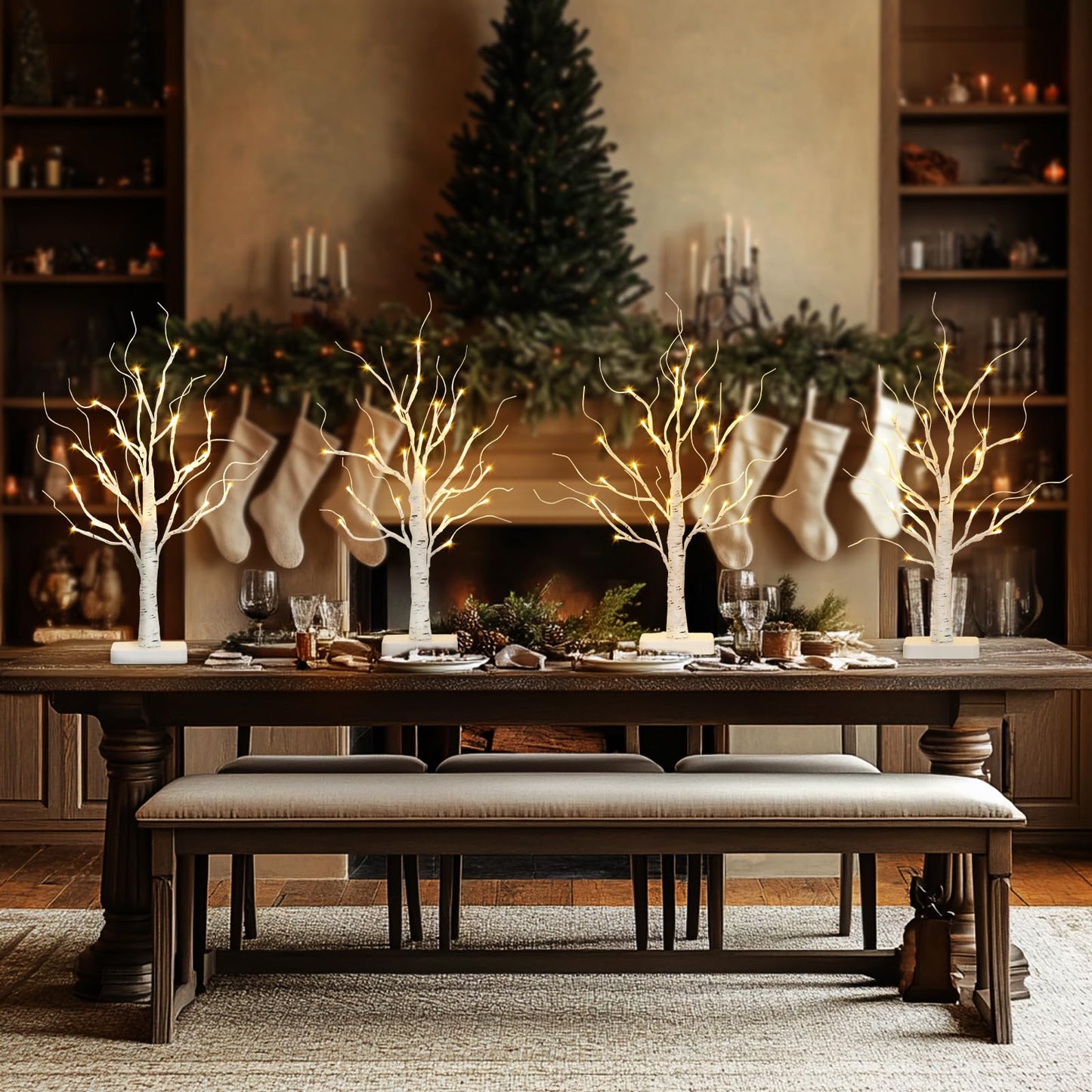 PABIPABI Lighted Birch Tree, Christmas Tree with 24 LED Lights, Tabletop Centerpiece Artificial Tree Lights with Timer for Home Office Bedroom Wedding - Set of 4