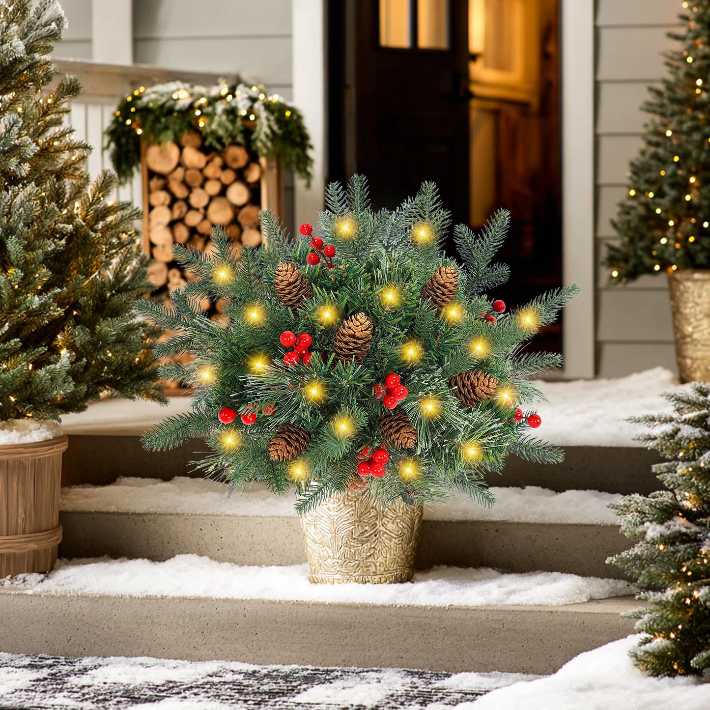 Lighted Artificial Christmas Urn Filler, 2 Pack Small Xmas Pine Tree Outdoor Decorations with Cones, Red Berries & 50 LED Lights, Light Up Planter Filler Decor for Porch Yard, Garden, Cemetery