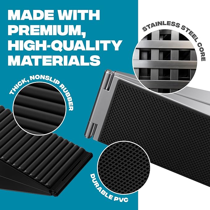 STRONGEST HOME Stoppers for Bottom of Door – Heavy Duty Metal Rubber Door Stopper, Non-Slip Door Stop for Heavy Doors, Works on Wood, Tile & Carpet Floors, Folding Black 4 PC + 4 White Wall Protectors