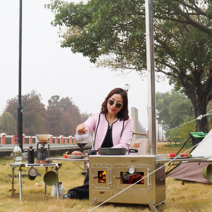 Large Camping Oven Stove Portable Outdoor Cooking Stove with Oven Tent Stove with Chimney Steel