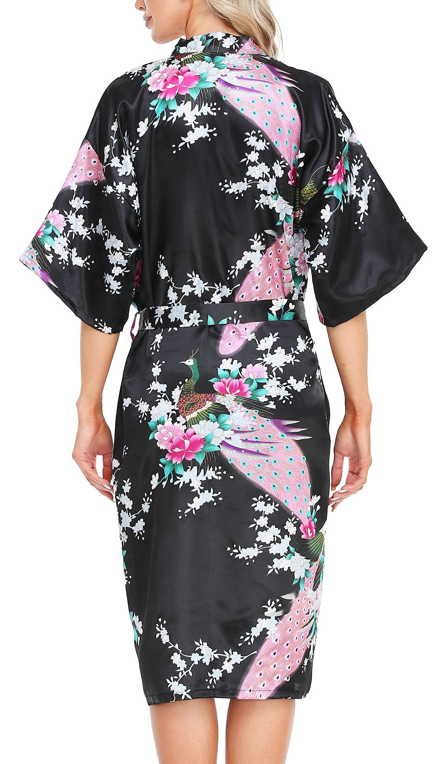 Lovasy Kimono Dressing Gowns Satin Kimono Robe Peacock and Blossoms Silk Dressing Gown for Women UK Long Silk Bride and Bridesmaid Robes,Black,XL