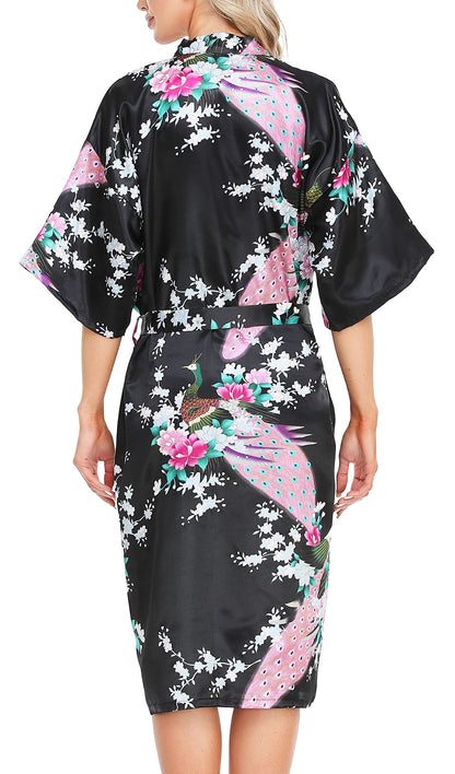 Lovasy Kimono Dressing Gowns Satin Kimono Robe Peacock and Blossoms Silk Dressing Gown for Women UK Long Silk Bride and Bridesmaid Robes,Black,XL
