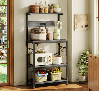 SUPERJARE Kitchen Bakers Rack with Power Outlet, Coffee Bar Table 4 Tiers, Kitchen Microwave Stand with 6 S-shaped Hooks, Storage Shelf Rack for Spices, Pots and Pans - Rustic Brown