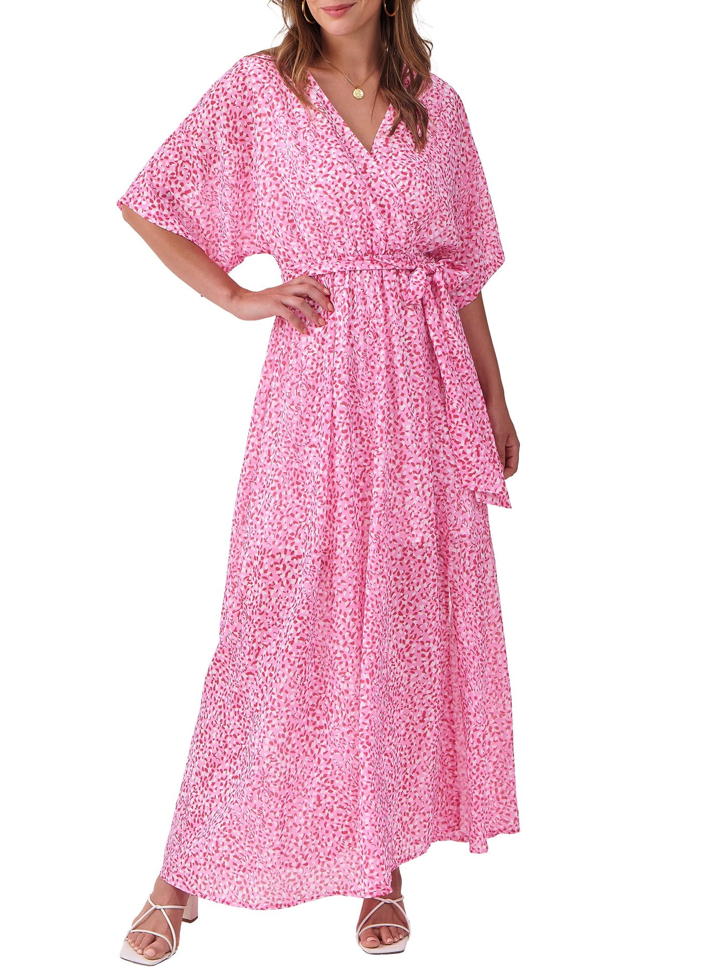 ANRABESS Womens 1/2 Sleeve Beach Wedding Guest Maxi Dresses 2025 Fall Wrap V Neck Boho Floral Flowy Slit Long Summer Dresses