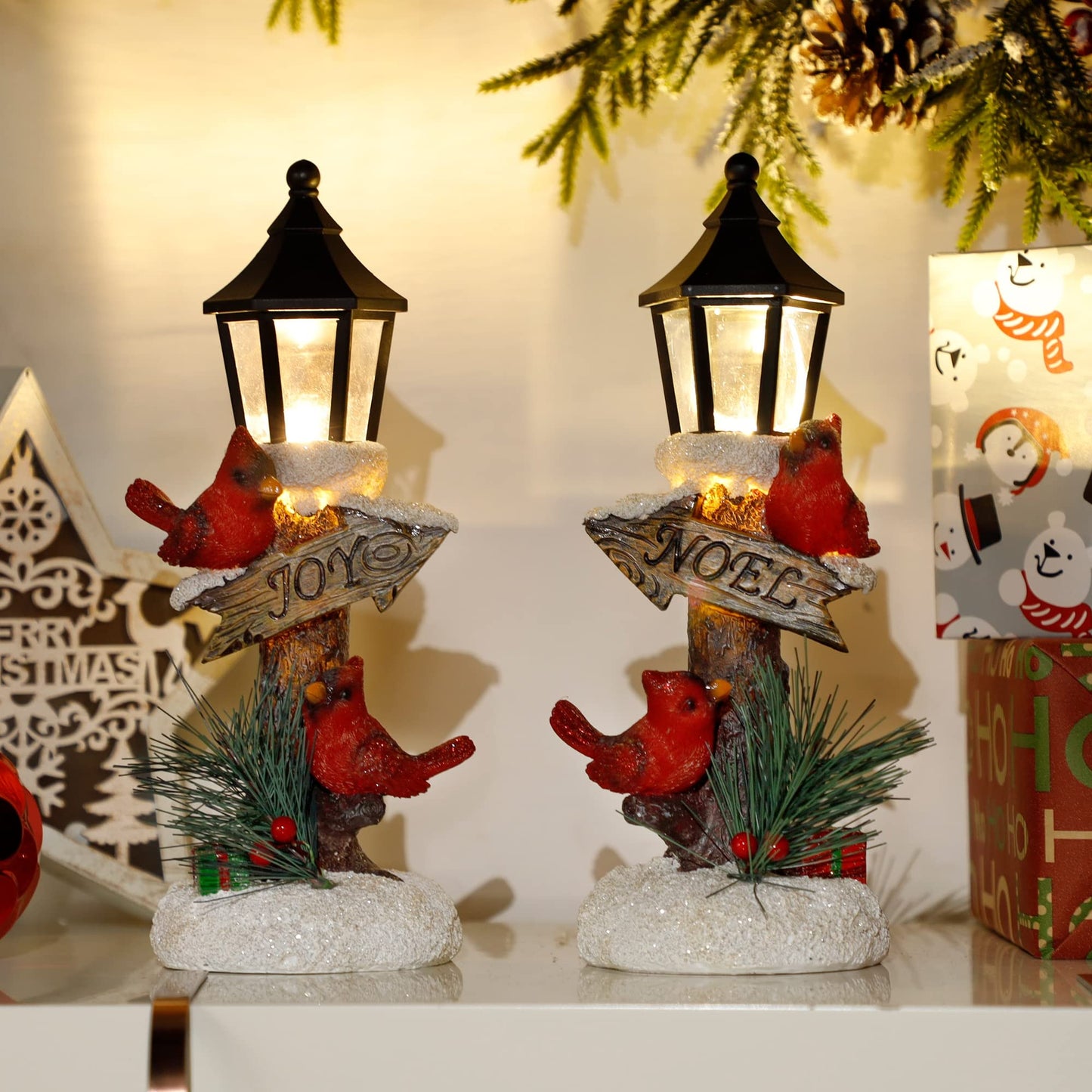Glintoper 2 Pack Christmas Lighted Table Decorations, Tabletop Figurine, Battery Operated (Red Cardinal)