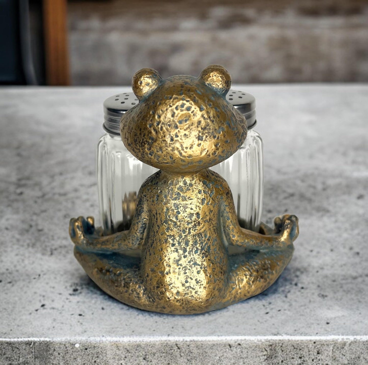 Yoga Frog Salt and Pepper Set with Glass Shakers – Whimsical Meditating Zen Master Lotus Pose Figurine – Dining Table Kitchen or Bar