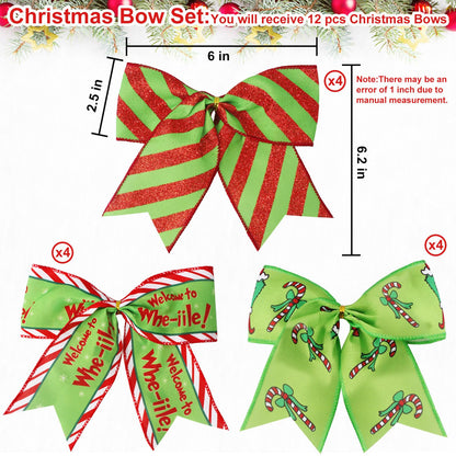 Wninbu 12 Pcs Red Green Christmas Bows,6 Inch Large Wreaths Bows for Tree Gift Wrapping Garland,Christmas Decoration Holiday Party Crafts Xmas Tree Ribbon Ornaments (Pattern)