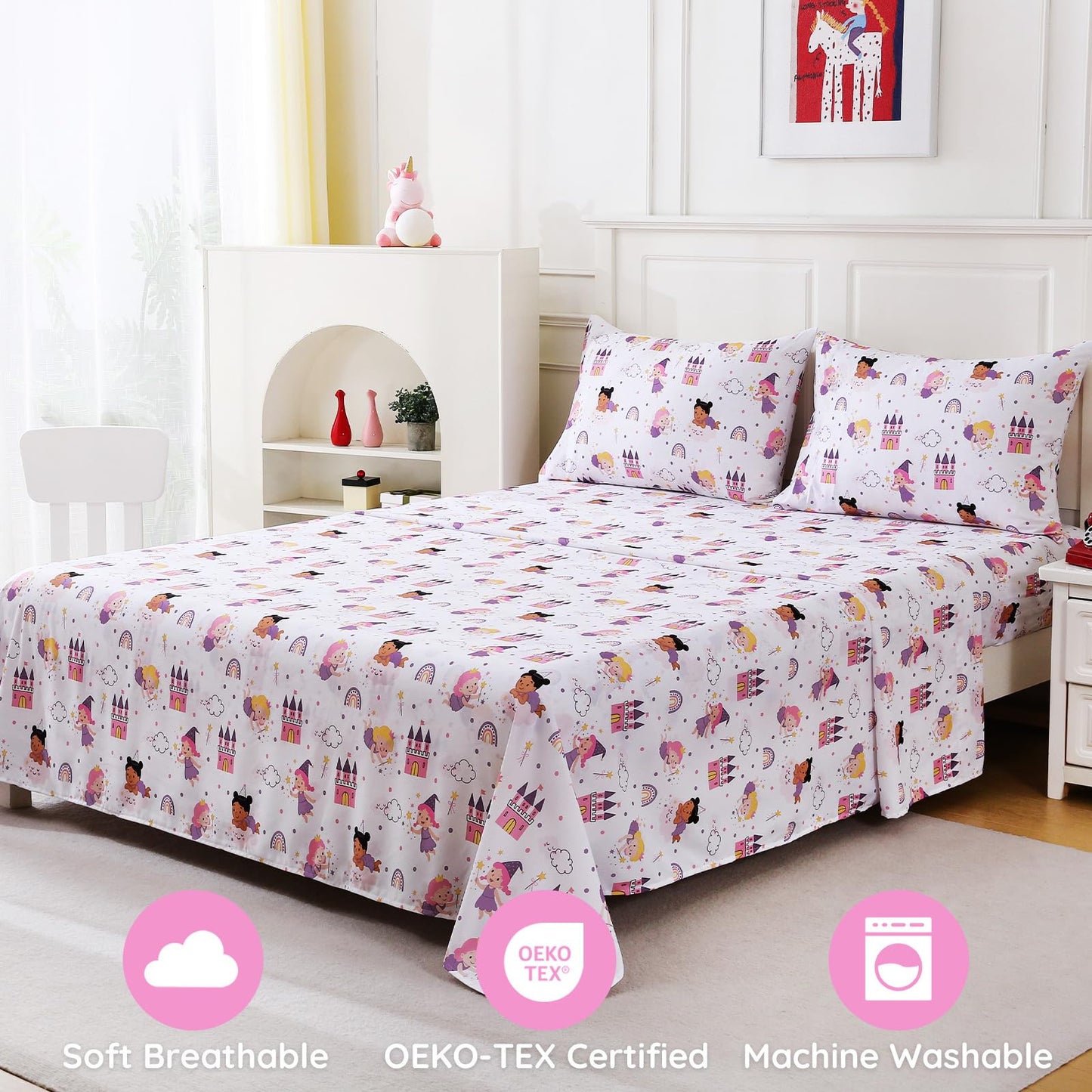 MCO Fairy Castle Twin Sheets Set Kids, Soft Microfiber Bed Sheet Set for Boy Girls, 3 Pieces Breathable Twin Sheets