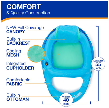 SwimWays Spring Float Premium Recliner Pool Lounge Chair with Adjustable Canopy and Hyper-Flate Valve, Blue