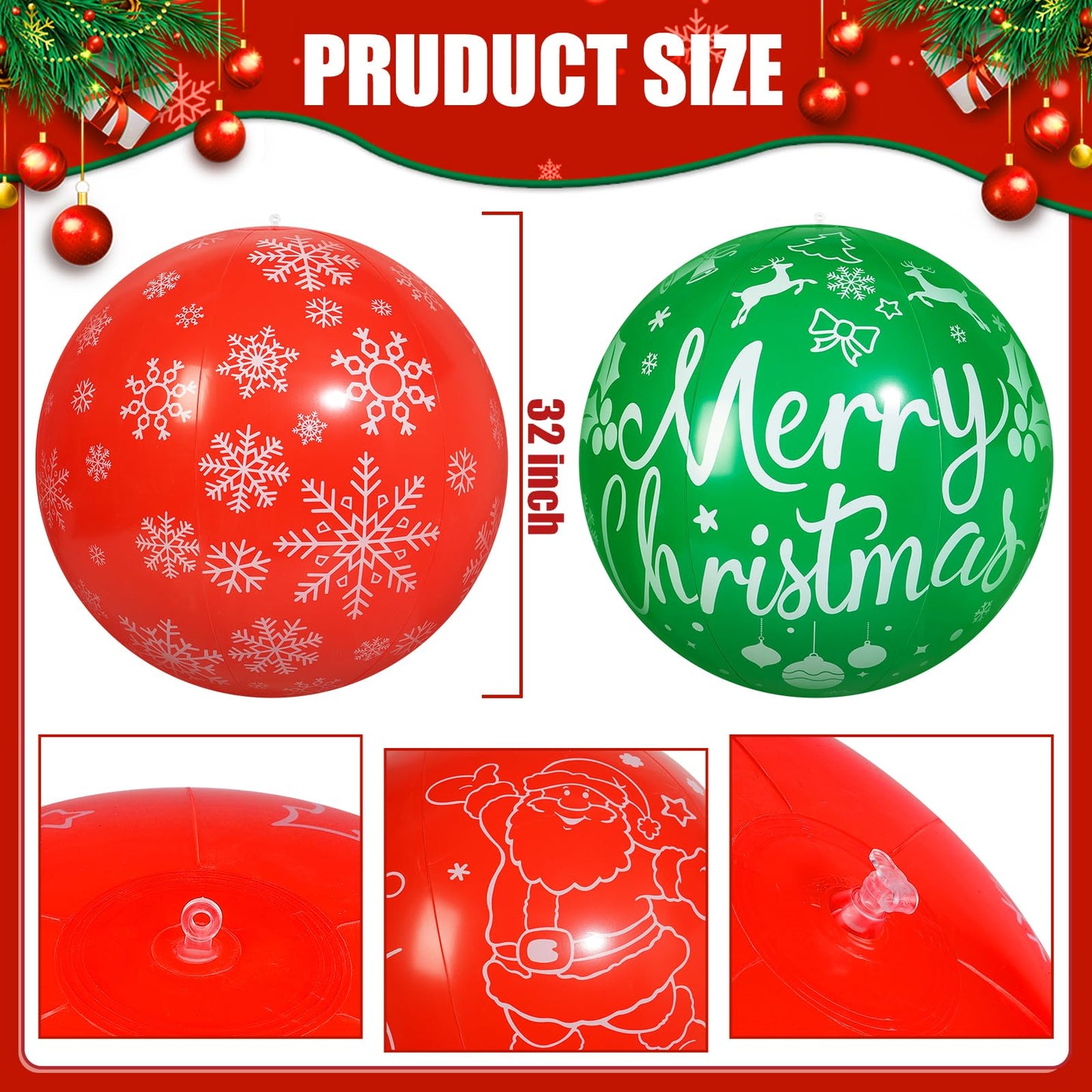 Wlicon 2 PCS 32 Inch Large Christmas Inflatable Balls Outdoor Inflatable Christmas Ball Ornaments for Xmas Garden Lawn Yard Holiday Front Door Window Decoration