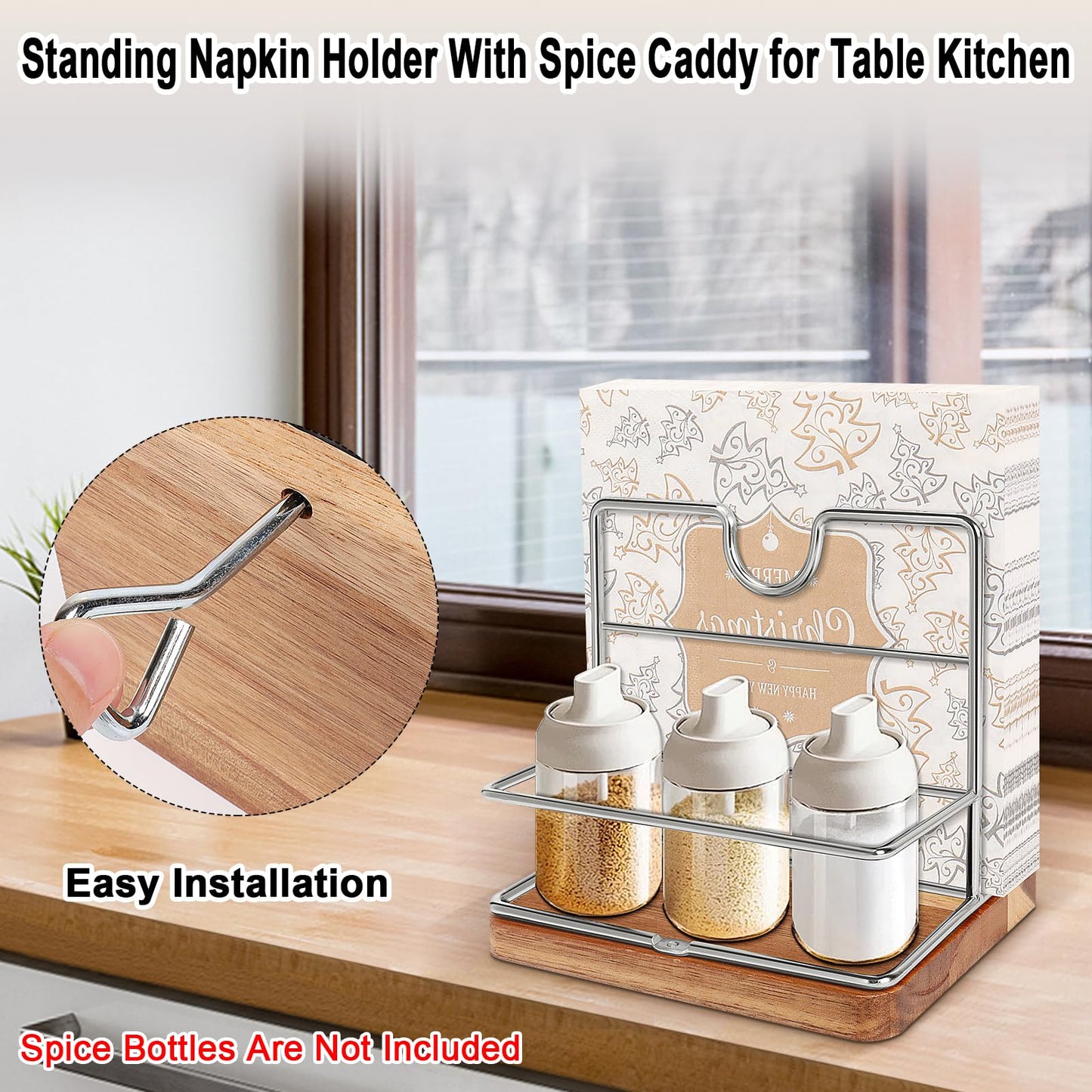 Livabber Napkin Holder, Metal Napkin Storage with Salt and Pepper Shakers Caddy Modern Napkin Dispenser for Table Kitchen Countertop, Not Including Salt and Pepper Shakers (Middle Wooden, Chrome)