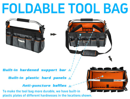 Aupofit 16 Inch Open Top Tool Bag, Pro-Grade Thick 1680D Fabric, Heavy Duty Foldabe Work Bag with Orange Interior Stainless Steel Handle & Padded Shoulder Strap, Easy Tool Access