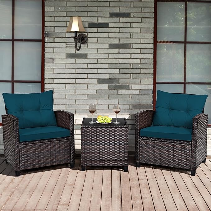 HAPPYGRILL 3 Pieces Patio Conversation Set, Outdoor Furniture Set PE Rattan