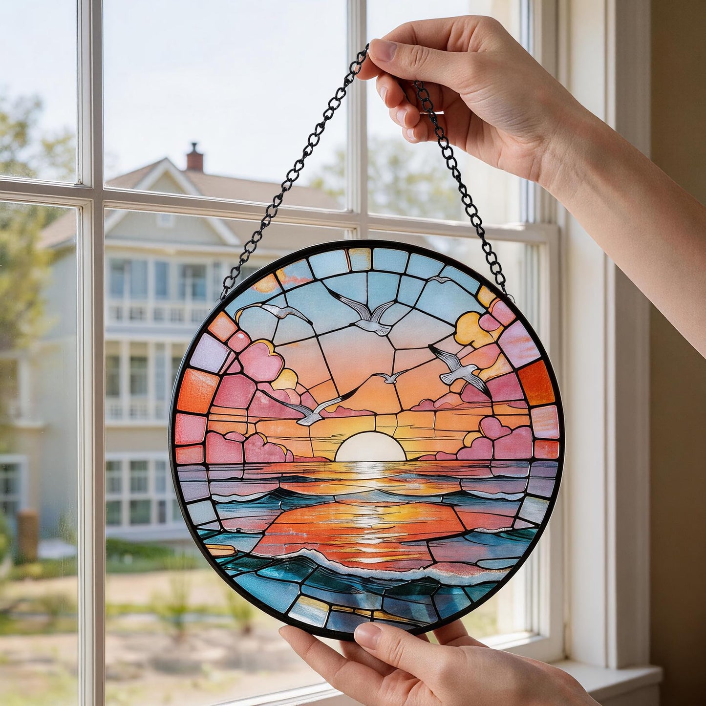 Hanging Stained Glass for Windows,20cm/7.87inch Sea Sunrise Stained Glass Suncatcher with Chain Garden Diamond Glass Panel Hangings Decoration for Home Decor Gifts for Family Friends Colleagues