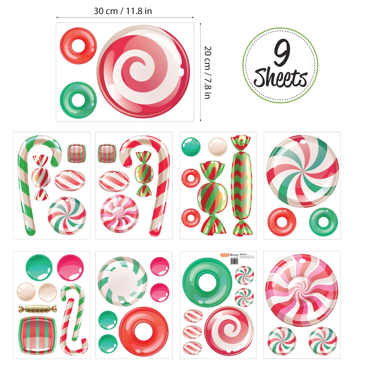 WALPLUS Christmas Window Clings Christmas Decorations Clearance Christmas Wall Sticker Double-Sided Reusable Peel and Stick Removable for Glass Living Room Xmas Peppermint Candy and Sweets 46 Pieces