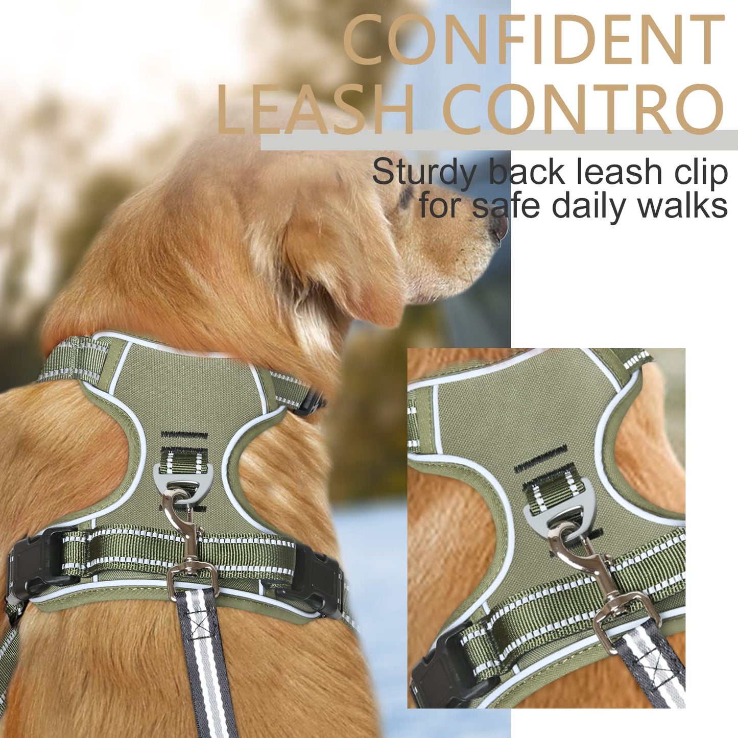 HEELE Dog Harness, No Pull Large, Release on Neck, Front Back Clips Dog Vest Harness Reflective Adjustable Padded, Easy Control Handle for Outdoor Walking Training, Green, L
