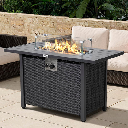 Werph 43" Propane Fire Pit Table with Rattan Fence, 50,000 BTU Gas Fire Pits for Outside Patio with Auto-Ignition, 2-in-1 Fire Table with Natural Lava Rock, Wind Guard& Removable Lid, Black