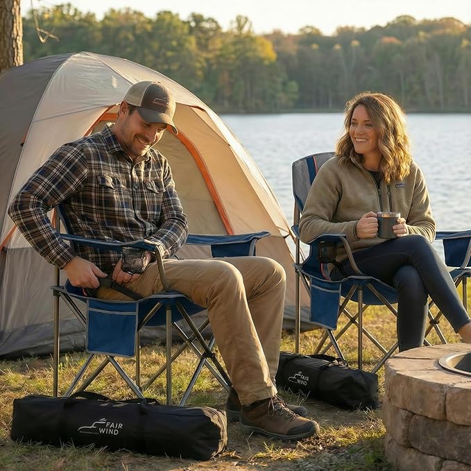 FAIR WIND 2 Pack Heavy Duty Camping Chair, Oversized Padded Folding Chair for Big and Tall (450lbs), Extra Wide Seat with Integrated Cooler & Storage Pocket, Adjustable Lumbar Support for Outdoor