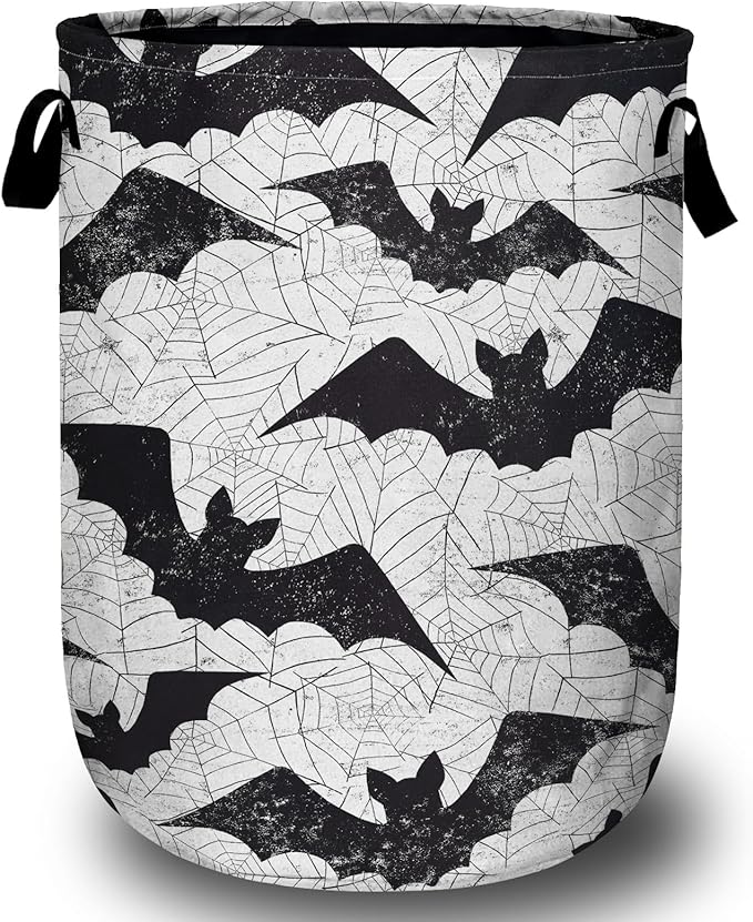 Retro Black White Bat Laundry Basket, Halloween Laundry Hamper Collapsible