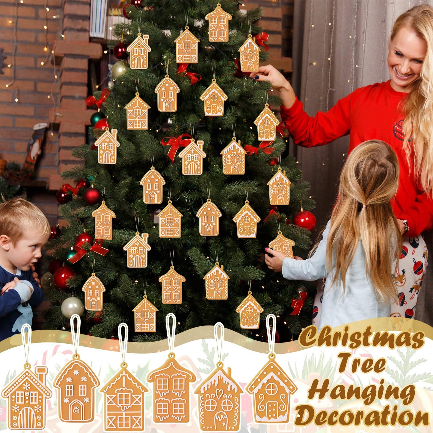 Shellwei 24 Pcs Gingerbread House Ornaments Christmas Tree Ornaments Bulk Gingerbread Christmas Tree Decorations Rustic Hanging Decor for Xmas Indoor Home