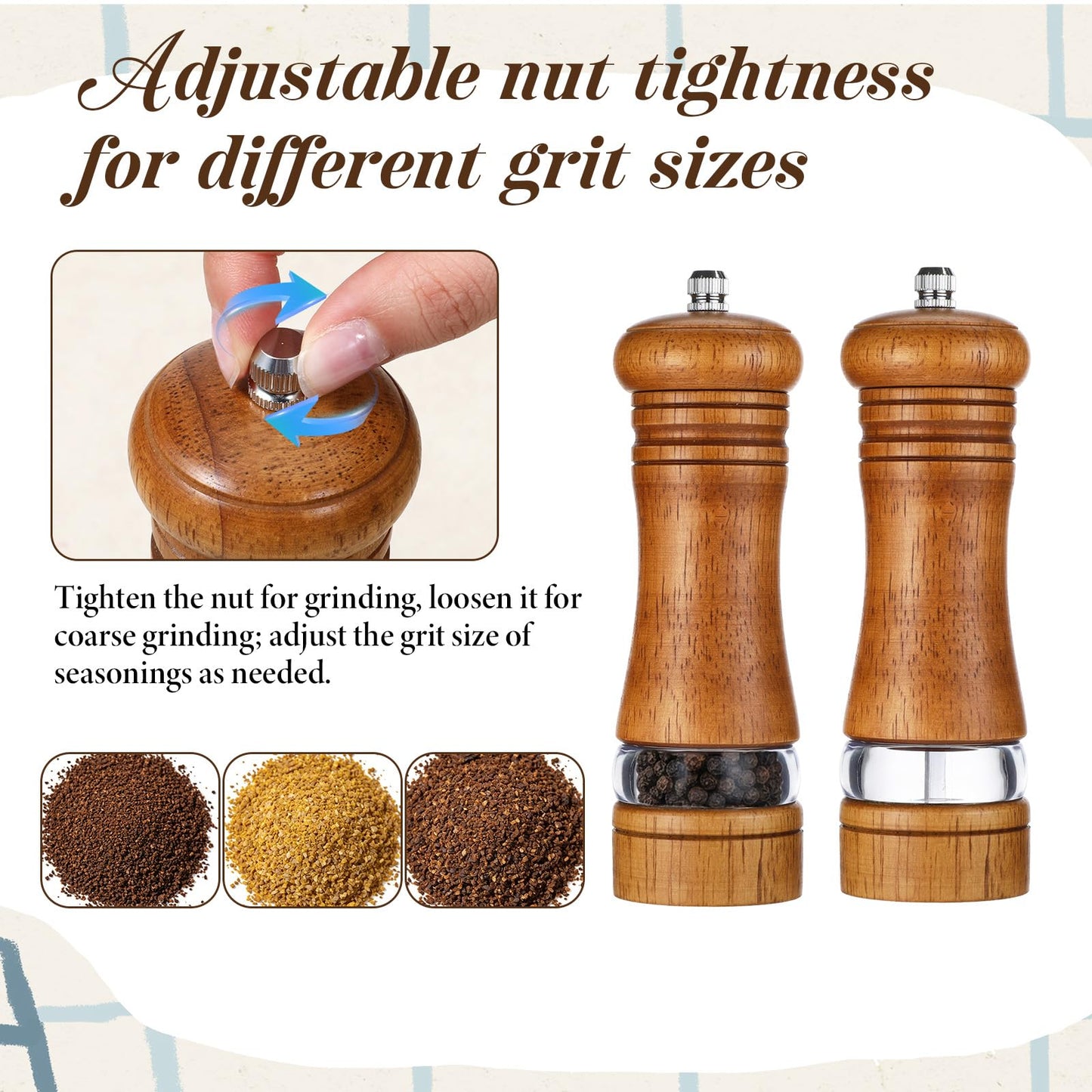 MySHUCE 2 Pack Wooden Salt and Pepper Grinder With Salt & Pepper Mill Tray, Adjustable Ceramic Grinding Rotor Manual Spice Grinder Refillable Salt Mill Sets with Acrylic Visible Window for Home Cooks