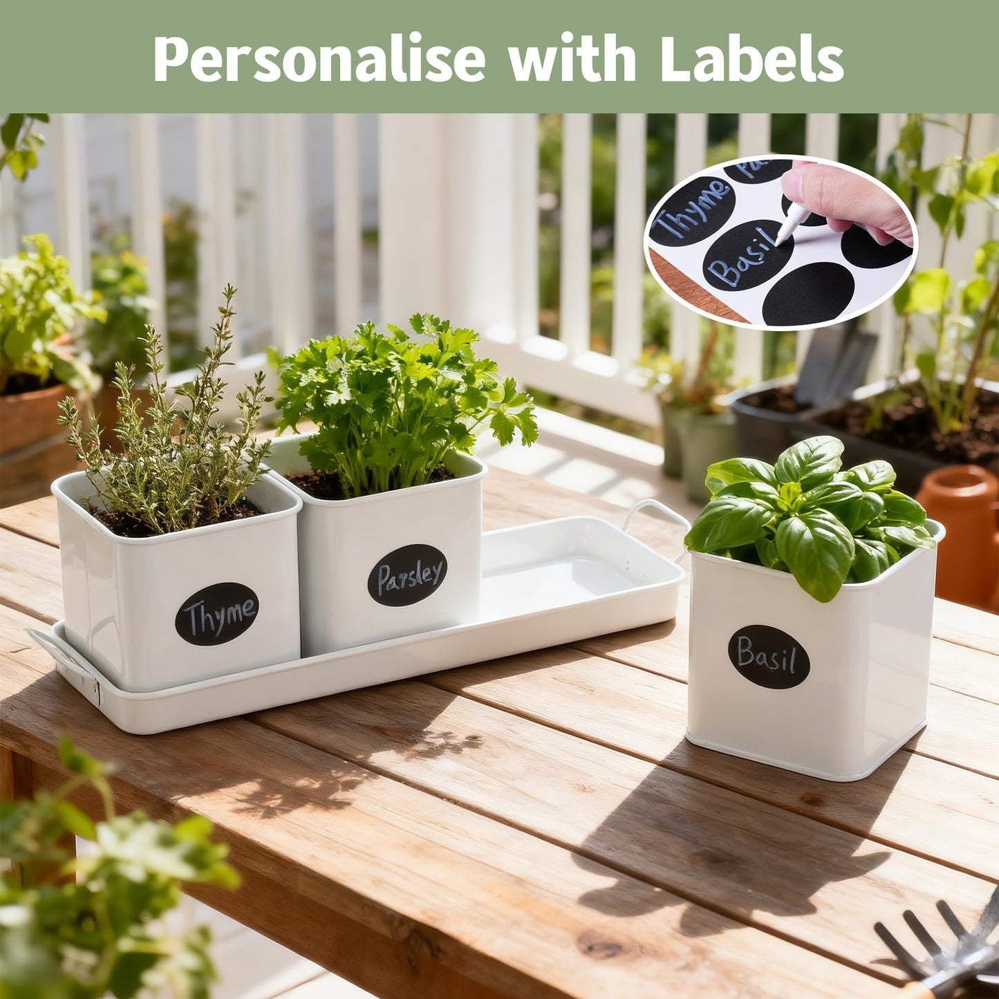 Indoor Herb Garden, Herb Planter Set with Handled Tray, 3 Iron Indoor Plant Pots with Drainage Holes, Windowsill Planter with Customizable Labels, Marker Pen, 10 Plant Labels, Window Pots, White