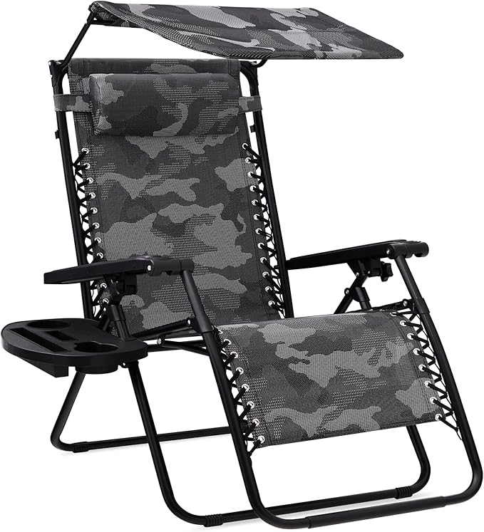 Best Choice Products Folding Zero Gravity Outdoor Recliner Patio Lounge Chair w/Adjustable Canopy Shade, Headrest, Side Accessory Tray, Textilene Mesh - Camouflage