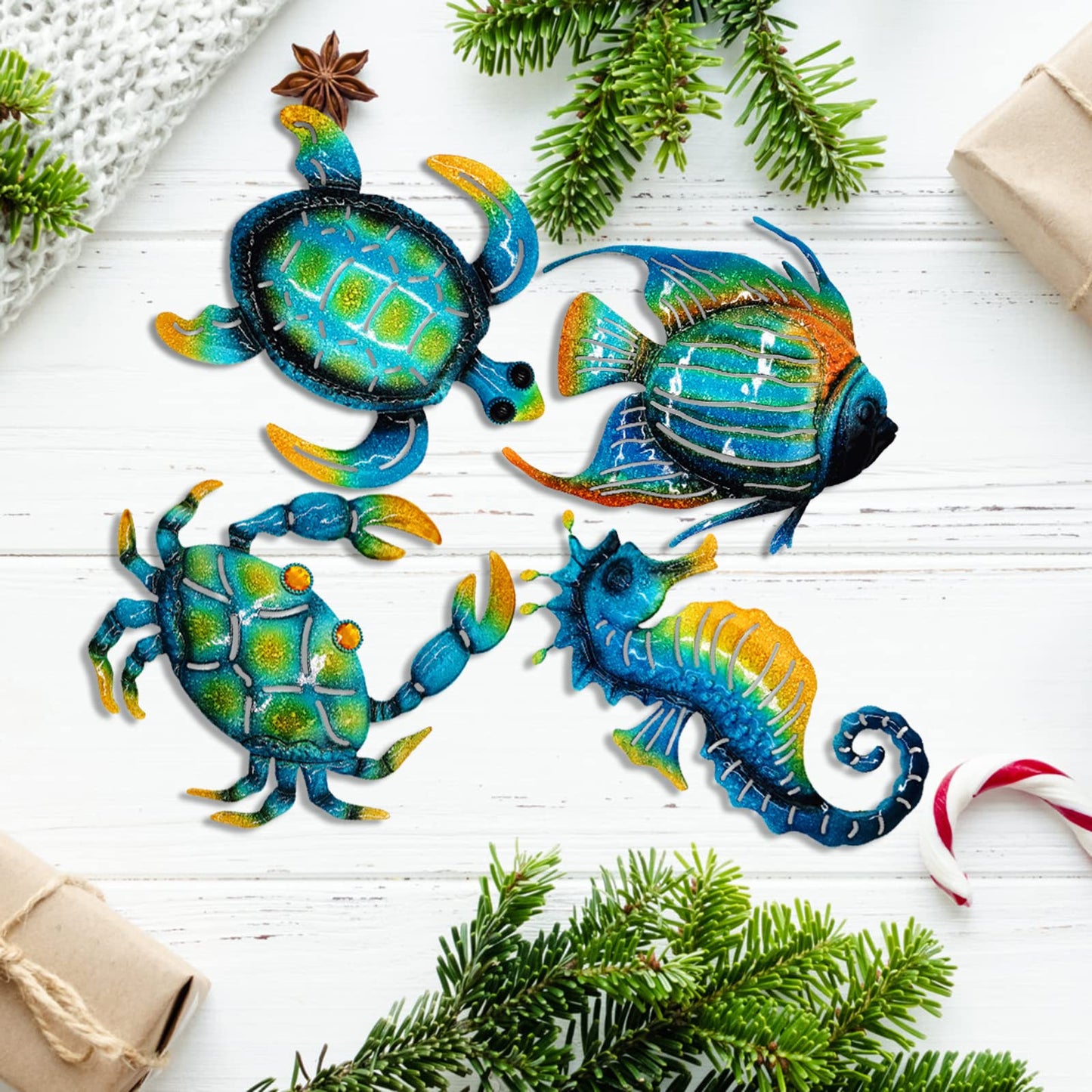 Meduofon Set of 4 Blue Metal Outdoor Wall Art Decor, Turtle, Fish, Crab, Seahorse, Coastal Style, Suitable for Indoor/Outdoor Use