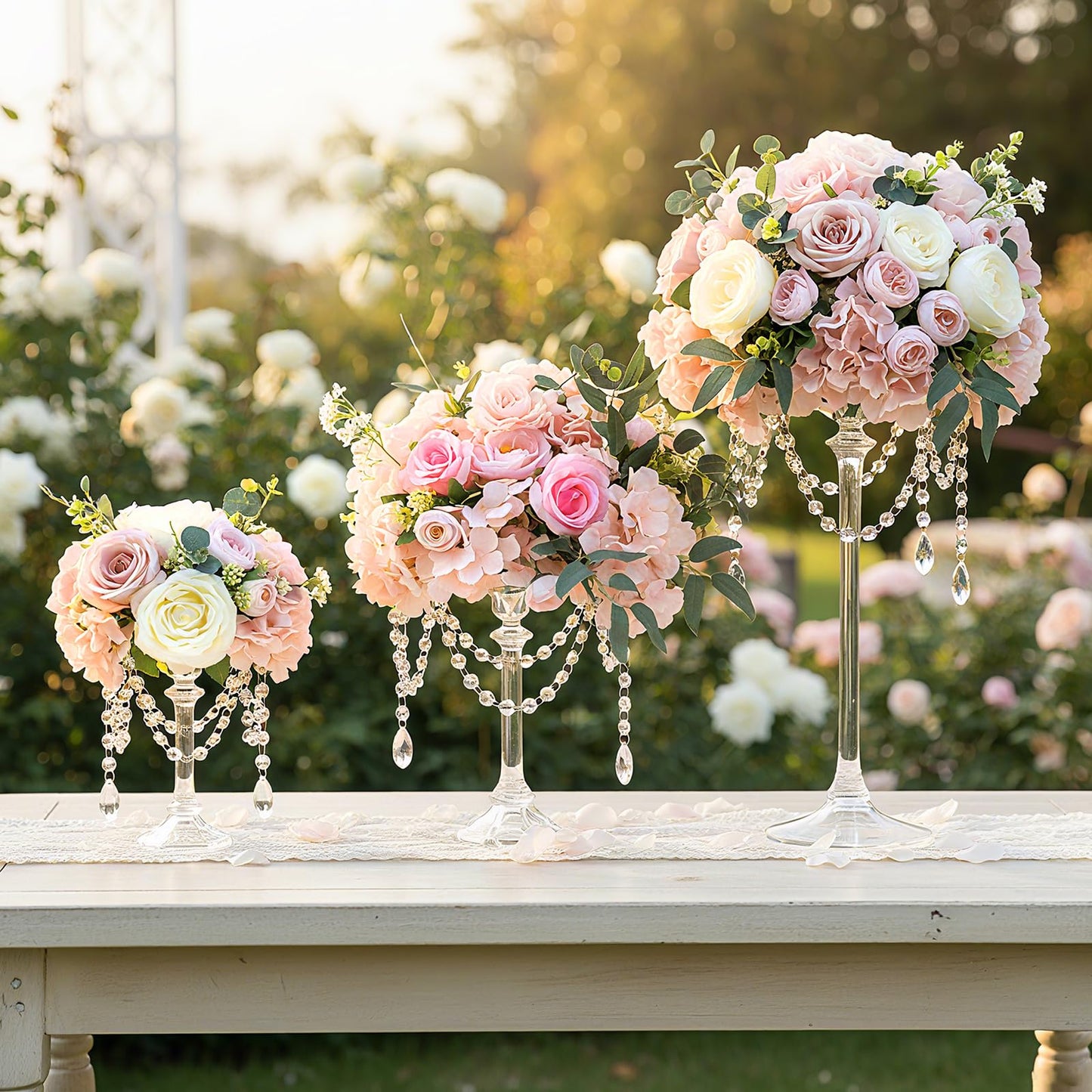 Ninehaoou 12 Set Wedding Centerpieces for Tables 12 Glass Flower Stands for Wedding 12 Acrylic Crystal Strings 72 Acrylic Crystal Ornament Beads for Party Christmas Party Tabletop Decoration