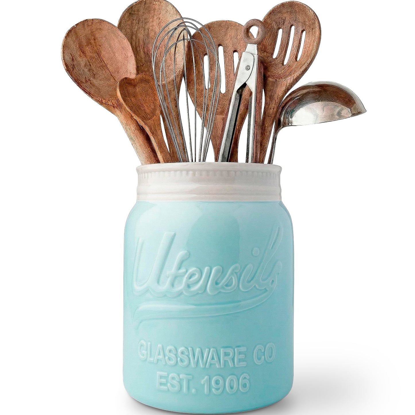 Comfify Blue Mason Jar Utensil Holder – Wide Mouth Ceramic – Farmhouse