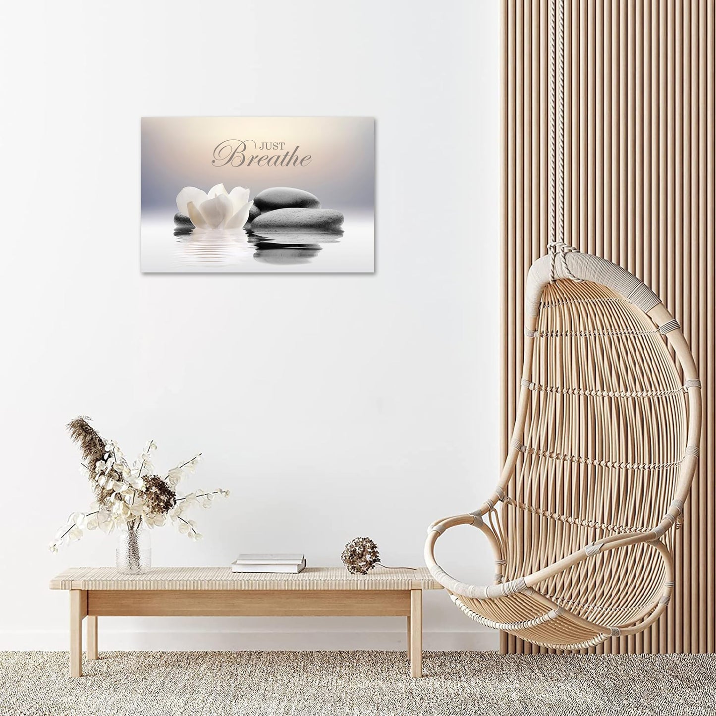 Zen Stone Canvas Wall Art Just Breathe Yoga Quotes Poster for Spa Decor White Lotus Flower Pictures Prints for Bathroom Modern Spiritual Artwork Framed (12 x 16inches)