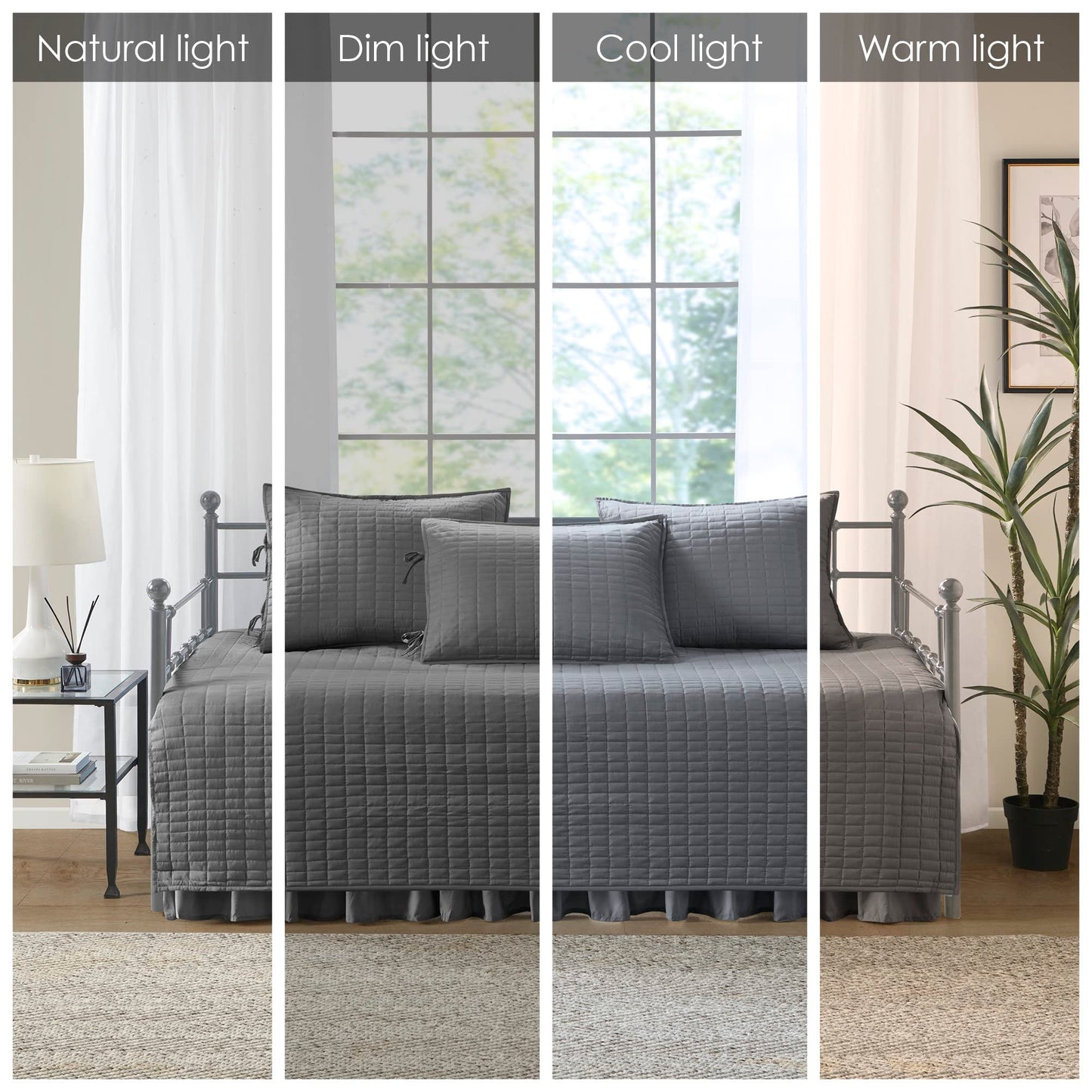 Comfort Spaces Daybed Cover- Luxe Double Sided -Quilting, All Season Cozy Bedding with Bedskirt, Matching Shams, 75'x39' Charcoal Grey 5 Piece