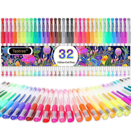 Taotree Glitter Gel Pens, 32 Colors Neon Glitter Pens Fine Tip Art Markers Set 40% More Ink Colored Gel Marker for Adult Coloring Book, Kids Drawing Art Supplies, Scrapbook, Journaling, Sparkle Gifts