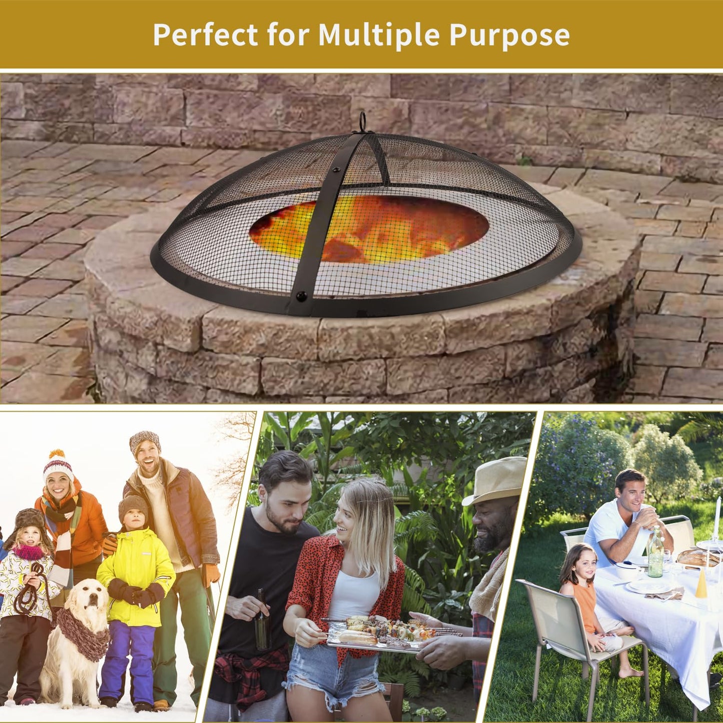 WeCooper 40Inch Round Fire Pit Spark Screen Cover,Outdoor Patio Mesh FirePit Screens,Heavy Duty Steel Domed Fire Pit Ember Guard with Handle