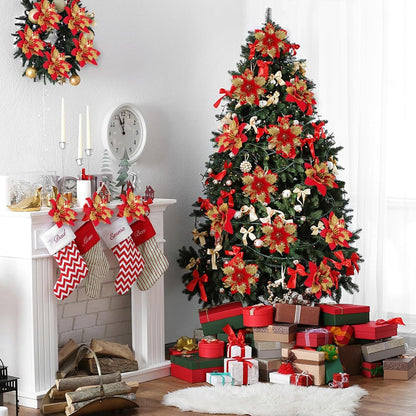 werdecade 12-Pack Christmas Flower Picks, Gold Red Glitter Poinsettia Floral Stems with Alligator Clips for Wreaths, Xmas Tree Decor, Holiday Arrangements (red Silver)