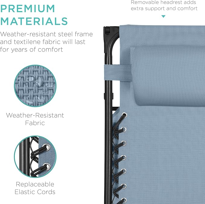Best Choice Products Folding Zero Gravity Outdoor Recliner Patio Lounge Chair w/Adjustable Canopy Shade, Headrest, Side Accessory Tray, Textilene Mesh - Dusty Blue