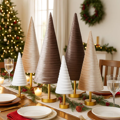 Hoolerry 6 Pcs Christmas Velvet Trees with Gold Pedestal Christmas Velvet Cones Tree Mantel Decor Modern Rustic Winter Home Minimalist for Holiday Entryway Table Wedding Centerpiece(Gold Brown)