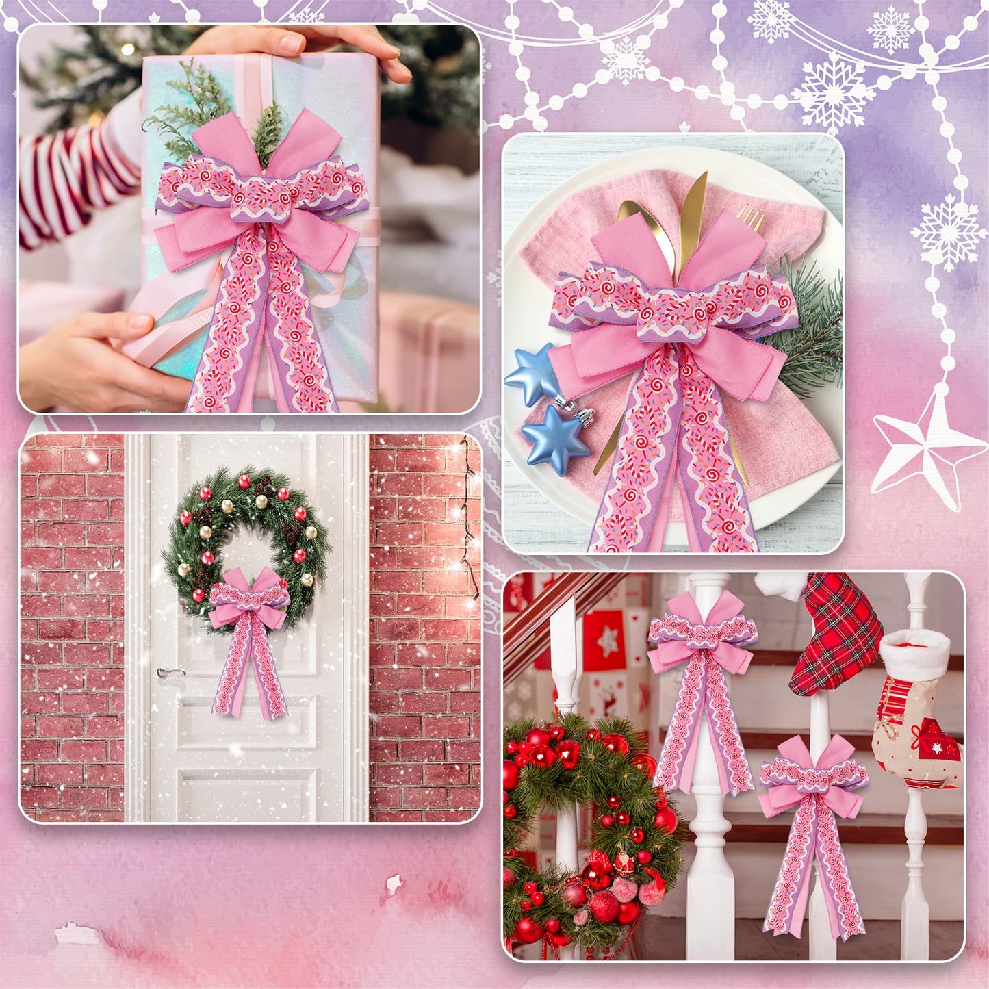 JarThenaAMCS Christmas Wired Edge Ribbon Pink Purple Candy Cane Fabric Craft Ribbon for Wreath Bow Making DIY Crafts Wrapping, 2 Roll, 20 Yards