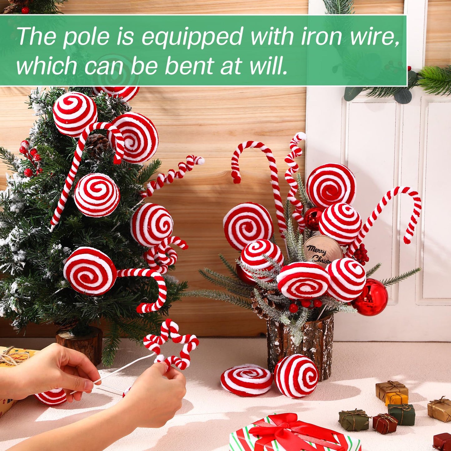 Yerliker 24 Pcs Candy Cane Christmas Tree Decorations, Fluff Christmas Ornaments Peppermint Lollipop Balls Curly Picks for Home Wreath Table Vase Mantel Decor(Red, White,Large)