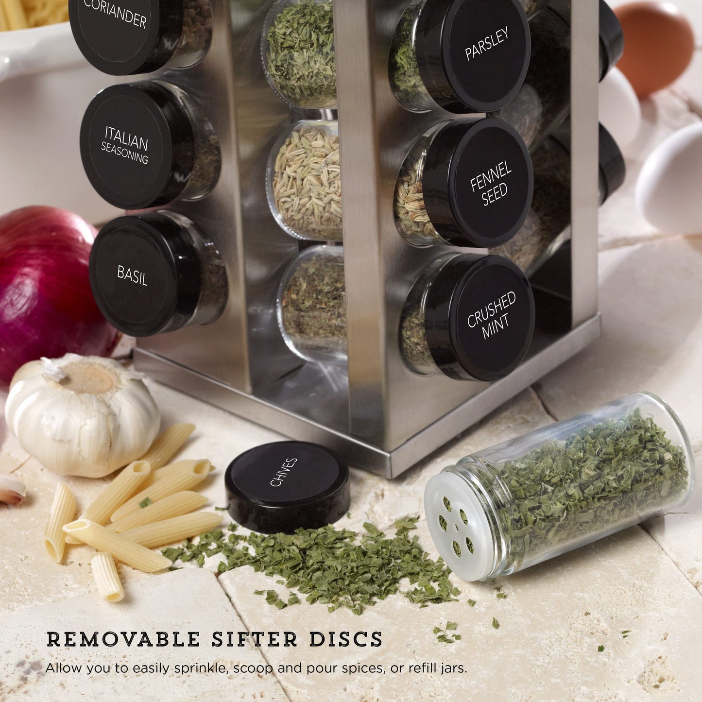 Kamenstein 20 Jar Heritage Revolving Countertop Spice Rack Organizer with Spices Included, FREE Spice Refills for 5 years, Brushed Stainless Steel with Black Caps