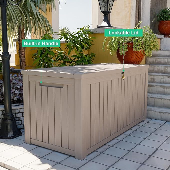 200 Gallon Waterproof Outdoor Storage Box,Resin Deck Box,Lockable Outside Storage Box Container for Patio Furniure,Garden,Tools (200 Gallon,Grey)
