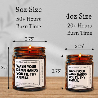 Wash Your Hands Ya Filthy Animal - Funny Bathroom Decor, Poop Scented Candle, 4oz & 9oz Amber Candle, 9 Fragrances